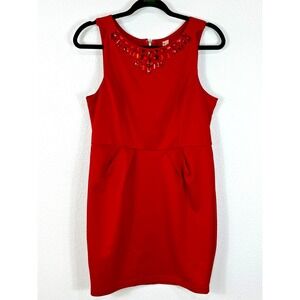 Point Dress L Red Jewel Neck Embellished Pleated Mini IndieSleaze Party